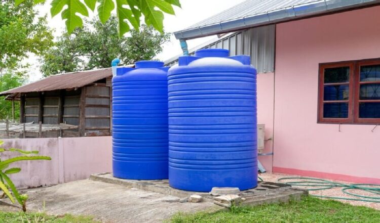 Blue plastic water tank.